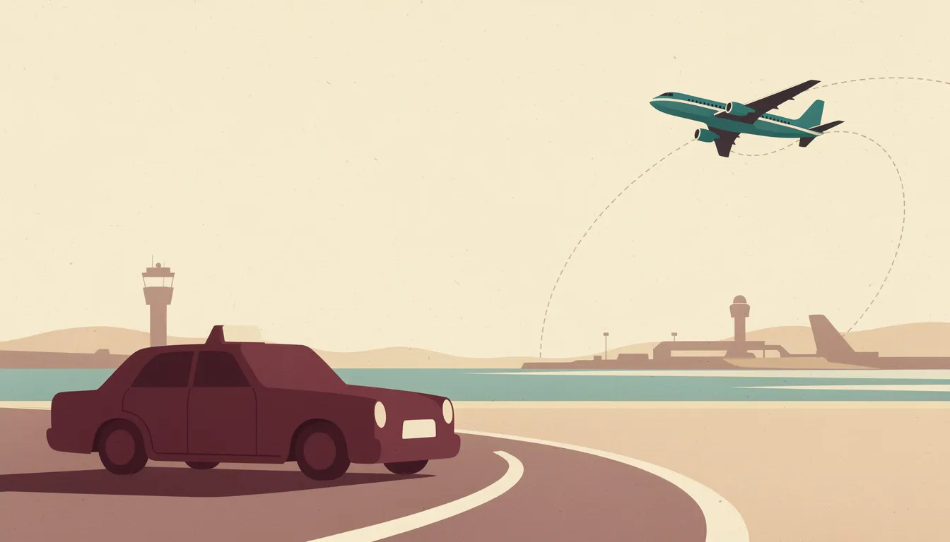 Illustration of an Airport Taxi Ajax sedan on the highway curve as a jet climbs out of Toronto Pearson